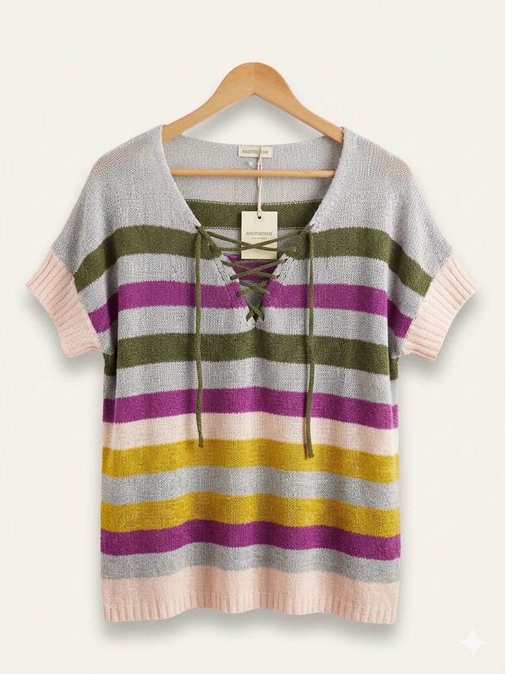 ANDTHEWHY / Striped Lace-Up Short Sleeve Sweater - Gray/Mustard/Olive / NWT